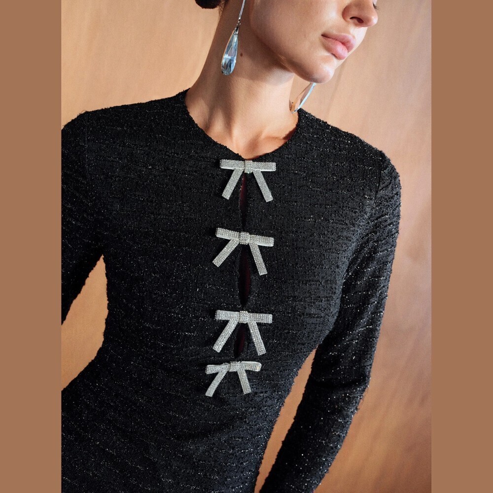 Black Tweed Sparkle Bow Trim Long Sleeve Fitted Midi Dress
